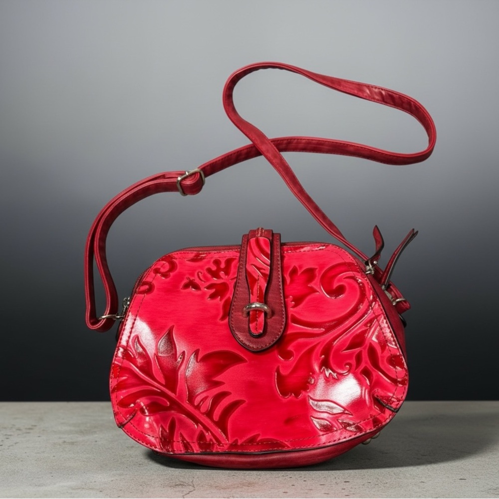M.C. Marc Chantal Red Tooled Leather Vintage Floral Embossed Crossbody Bag